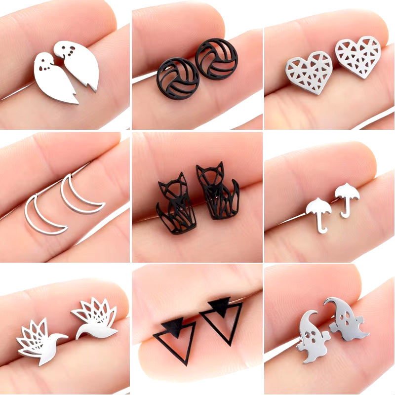 Stainless Steel Geometric Earrings for Women Girls Minimalist Jewelry Heart Bird Ghost Umbrella Cat Volleyball Earing Stud