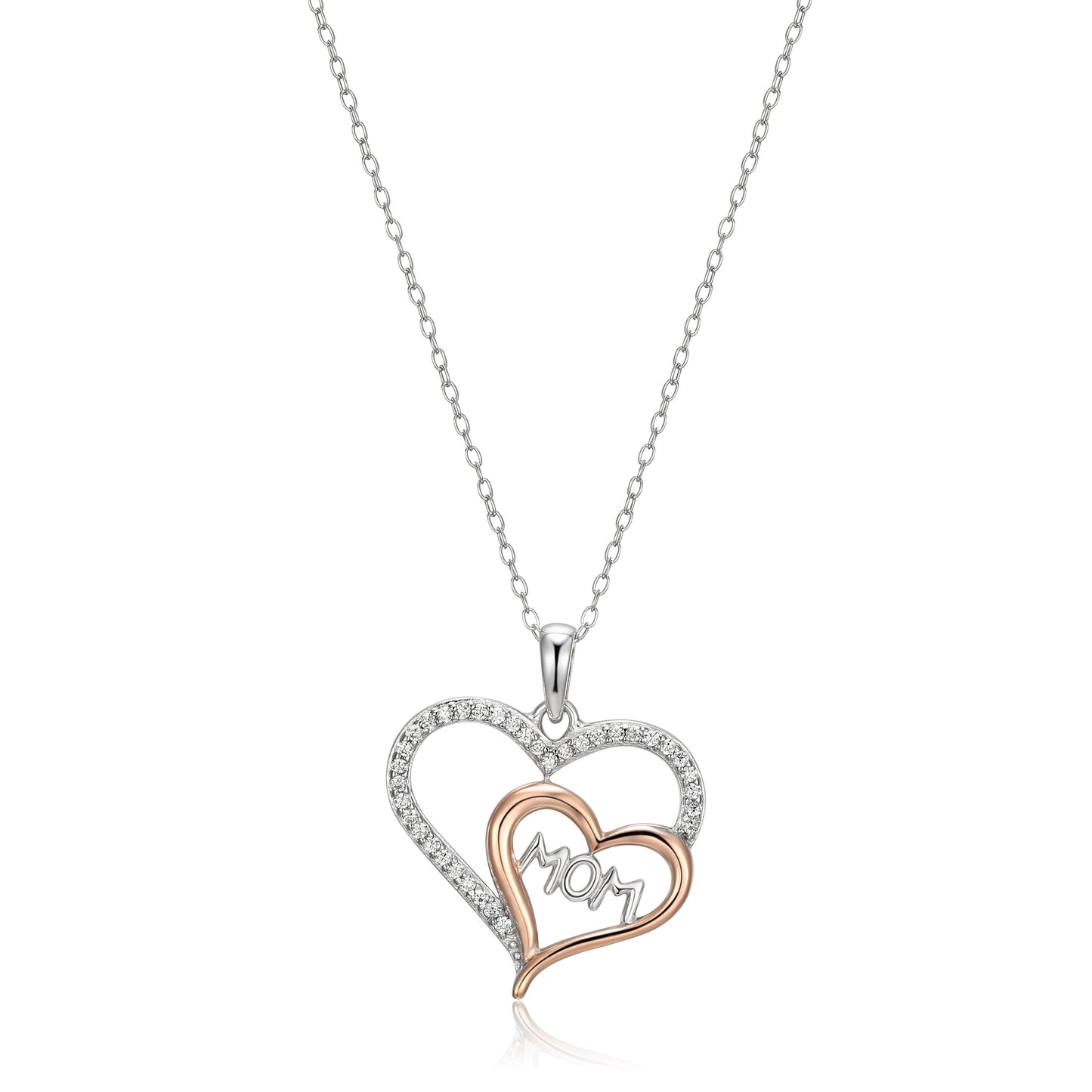 Mom Heart Cubic Zirconia 18" Pendant in Two-Tone Sterling Silver, Adult Female