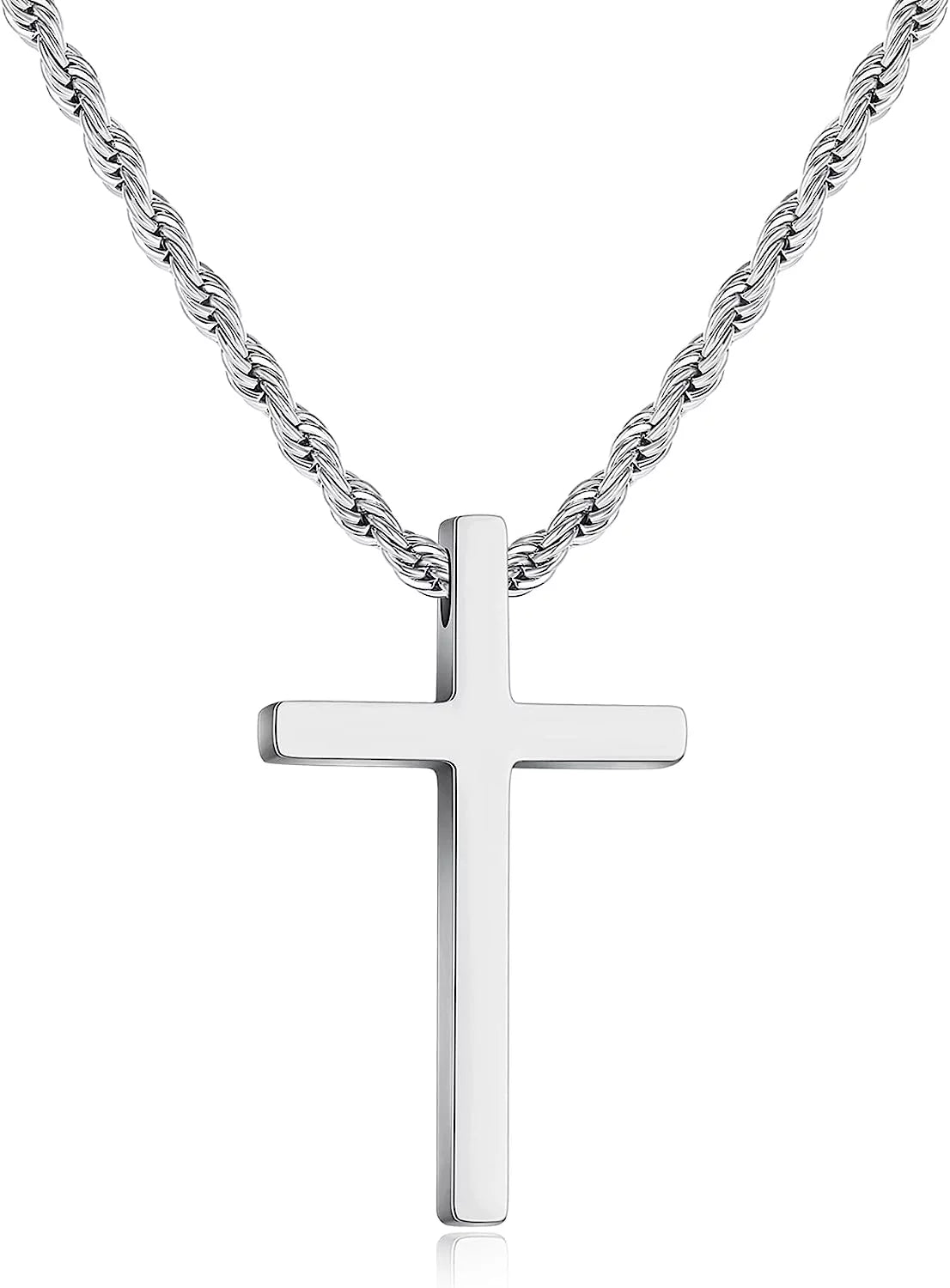 Cross Necklace for Men,Stainless Steel Black Silver Gold Cross Pendant Necklace for Men Boys Cross Chain for Men 16-24 Inches Rope Chain